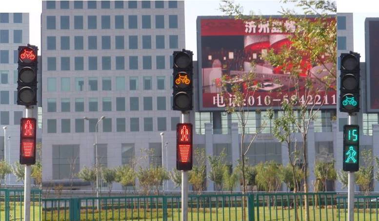 This is a composite photo showing bicycle lane traffic control lights.